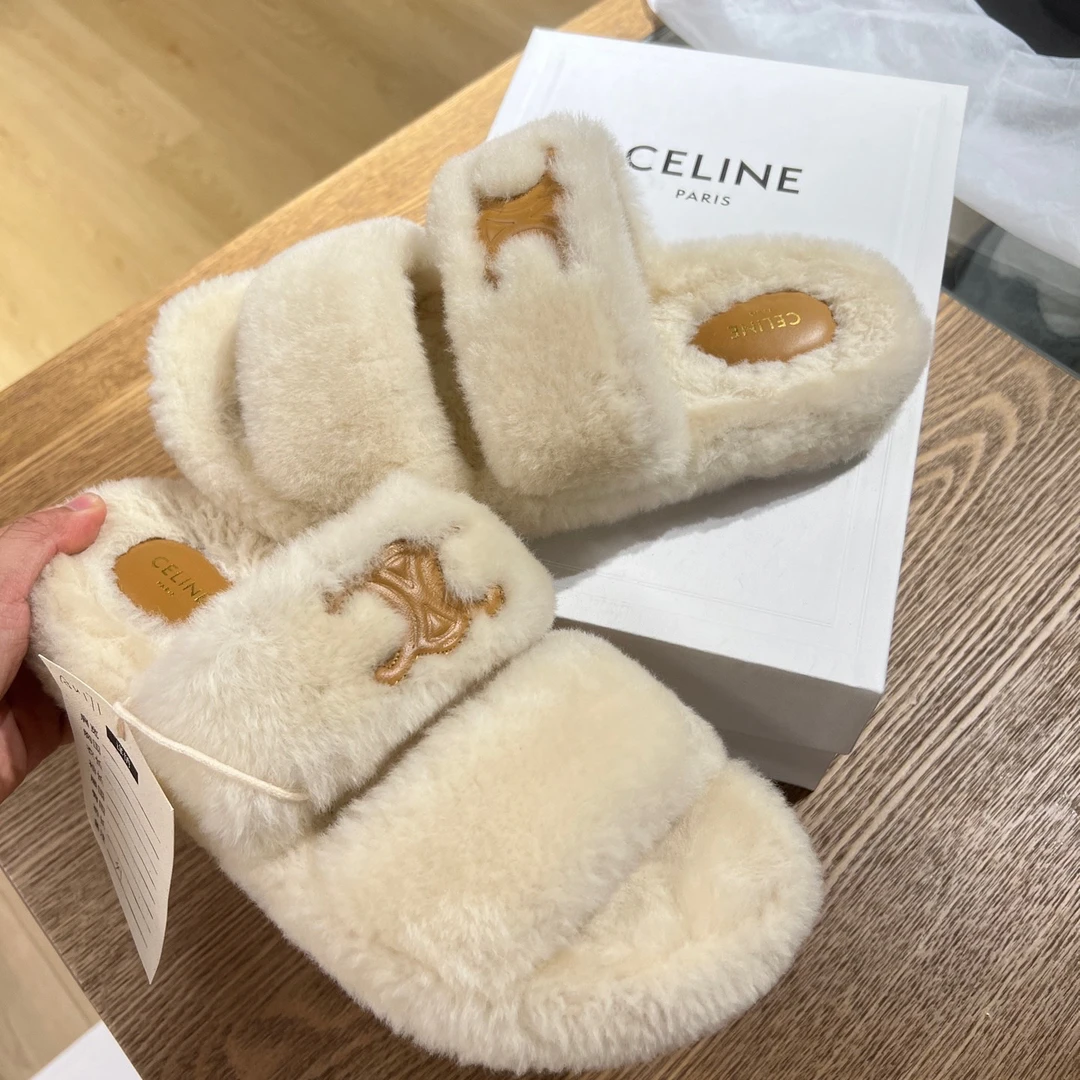 99新 Celine/思琳 au171/凯旋门logo平底一字拖鞋 39码