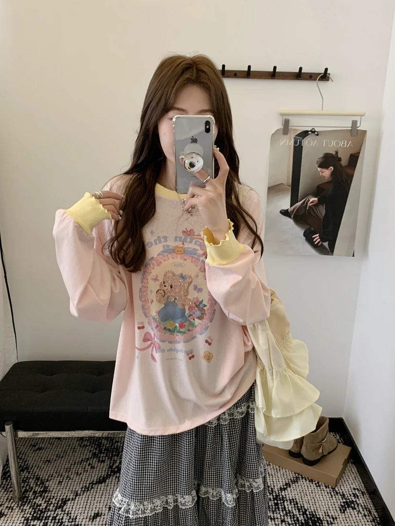 0187【夏季新款】亮片绣花朵小熊拼色宽松防晒T恤（516）