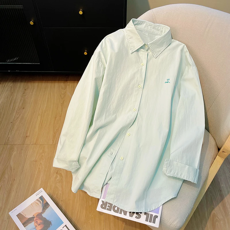 浅绿色小刺绣休闲长袖纯棉衬衫女秋季2026新款小个子宽松显瘦衬衣