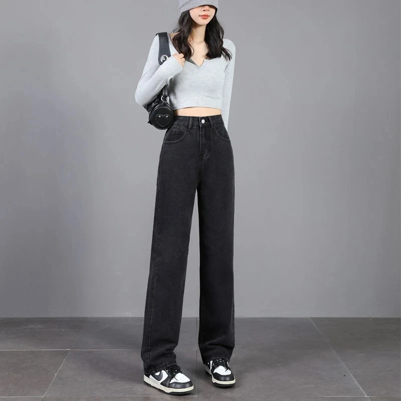 春秋季新款小个子女生牛仔裤高腰窄版阔腿裤直筒裤宽松显瘦九分裤