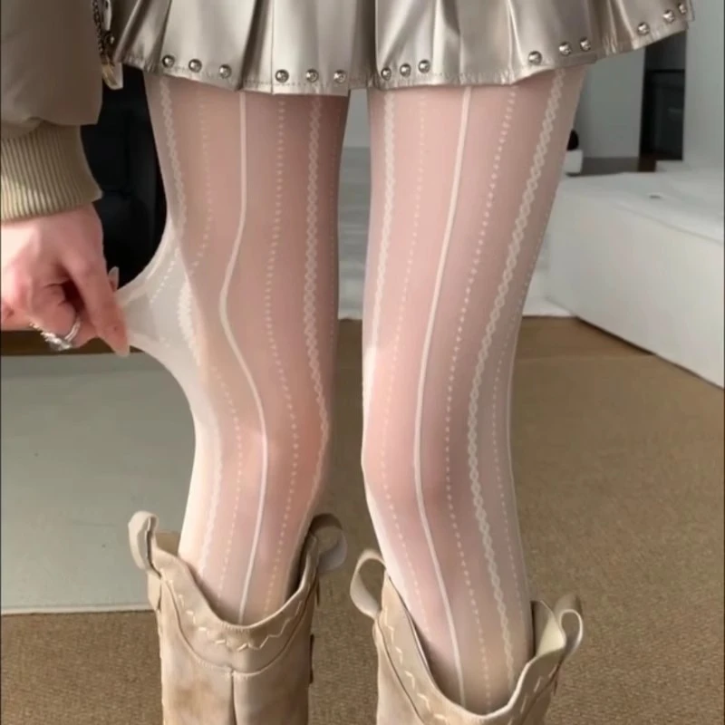 奶白色丝袜纯欲打底蹦迪防勾丝不掉档蕾丝竖条花纹打底裤袜女四季