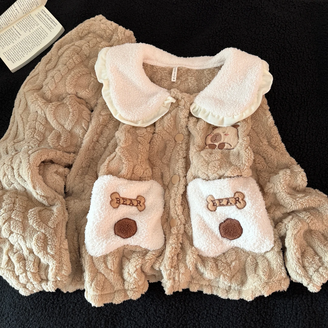 睡衣女秋冬季珊瑚绒大码加厚保暖长毛绒卡皮巴拉套装可外穿家居服