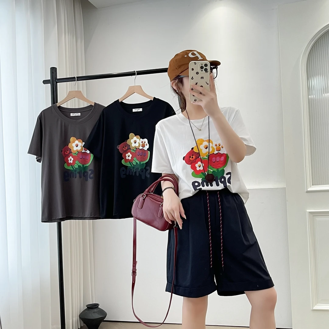 夏装新款大码女装圆领短袖胖MM花朵T恤