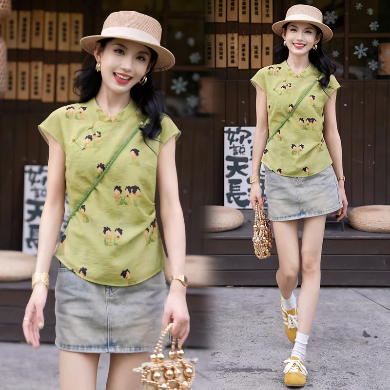 新中式国风提花盘扣衬衫女2025年夏季新款小个子时尚气质无袖上衣