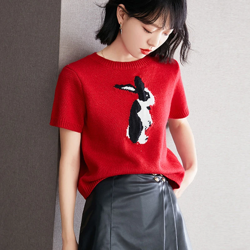哥家新款2024春夏红色短袖t恤兔子减龄刺绣冰丝针织衫毛衣女上衣