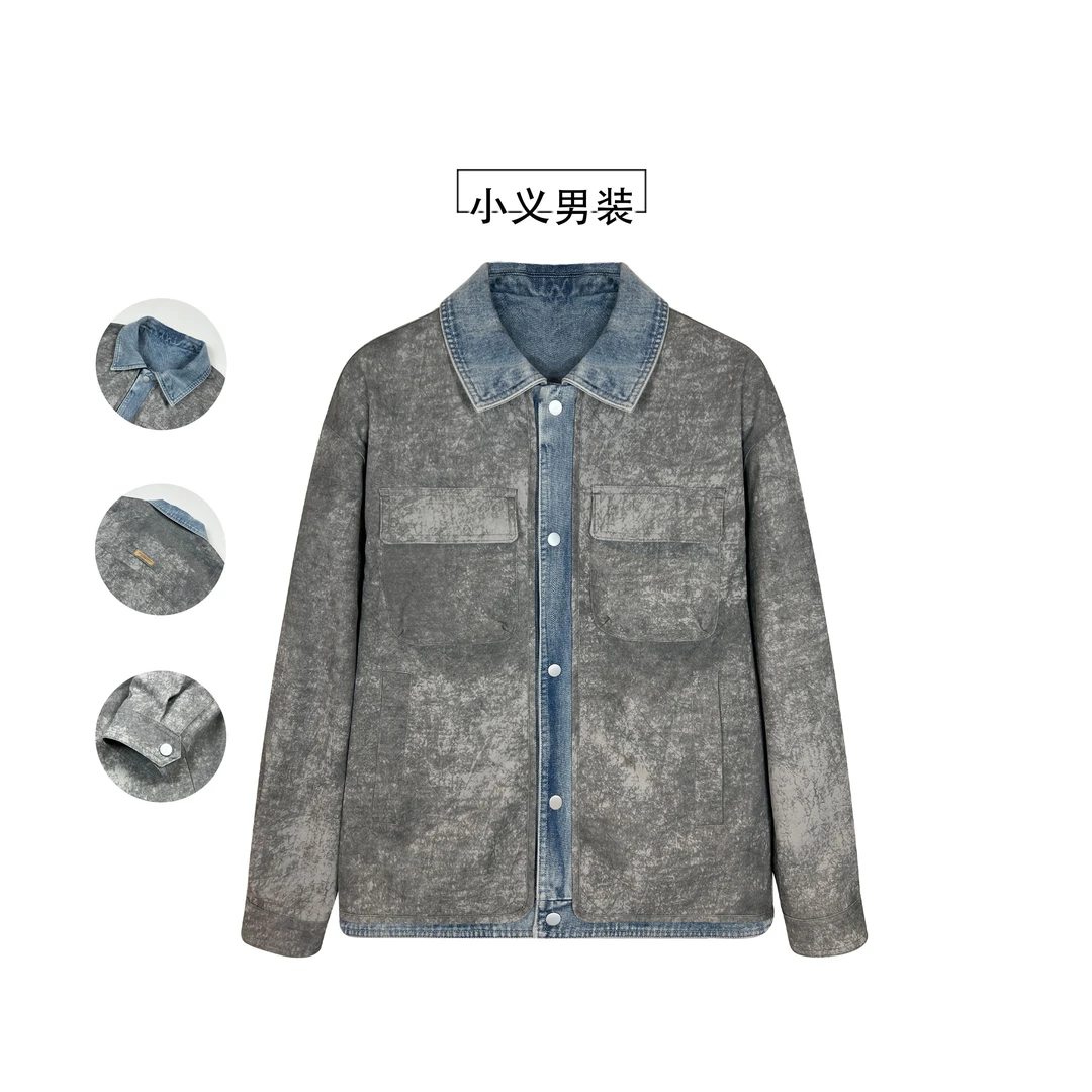 2505 春夏男士牛仔撞色假两件扎染潮牌夹克外套