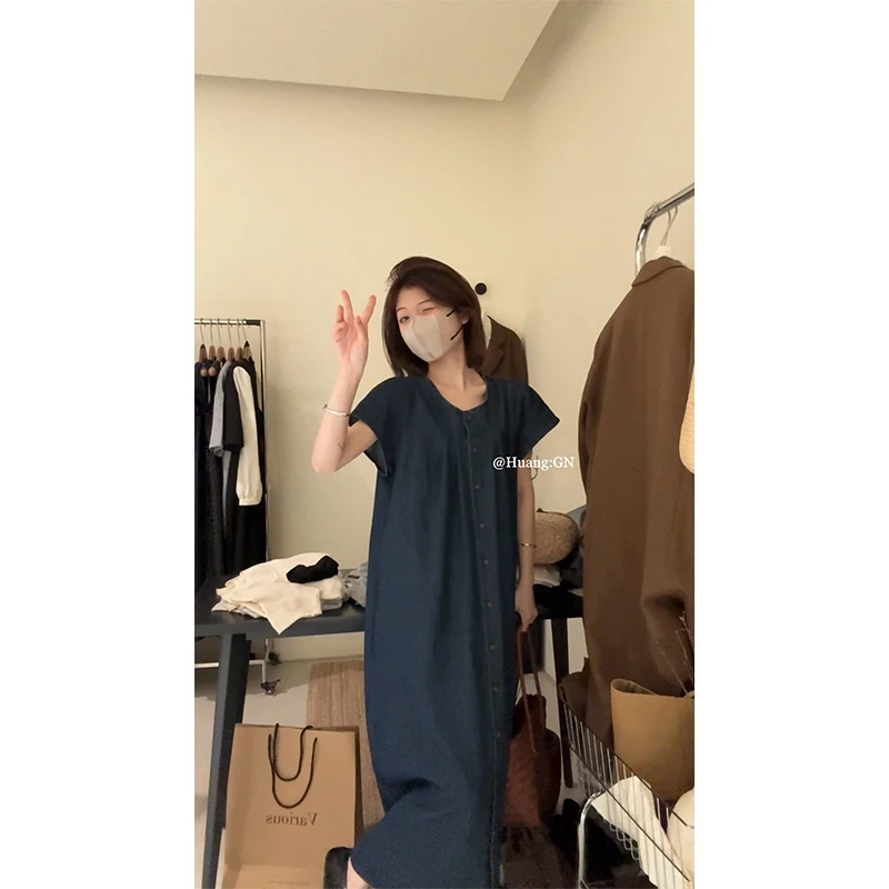 HUANG:GN复古宽松韩版单排扣牛仔连衣裙