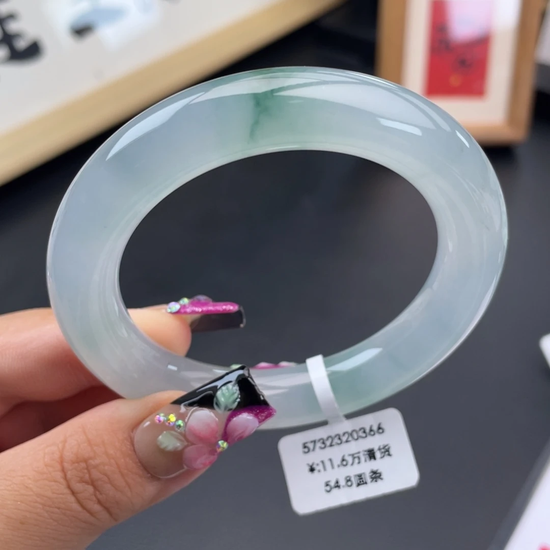 翡翠未镶嵌手镯回流）冰胶飘蓝花圆条手镯