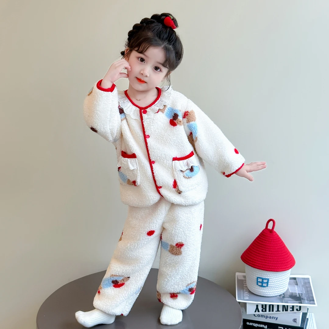女童睡衣秋冬季珊瑚绒女孩宝宝加厚开衫2025新款法兰绒儿童睡衣