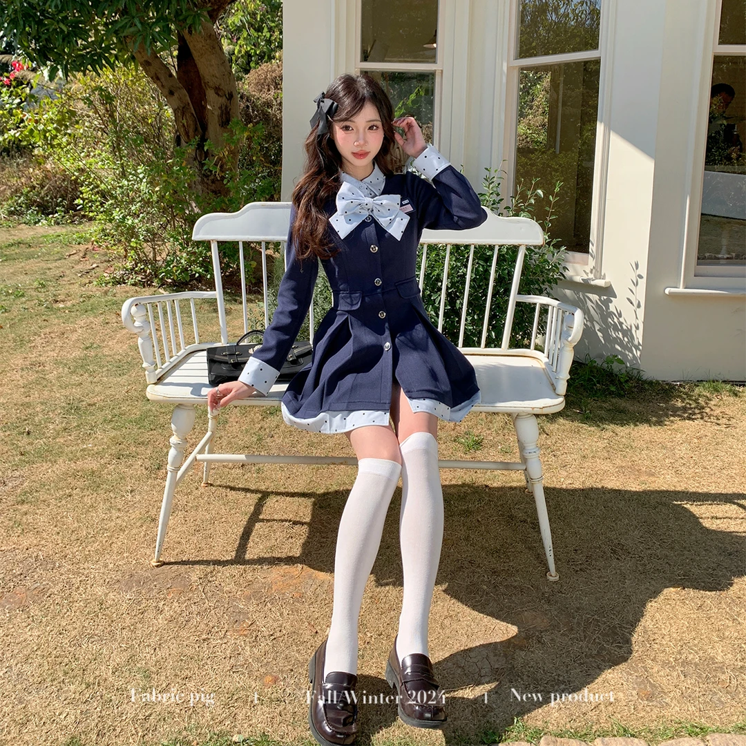 黑色莓莓蓝 织物猪原创 miu系千金藏青色波点蝴蝶结假两件连衣裙