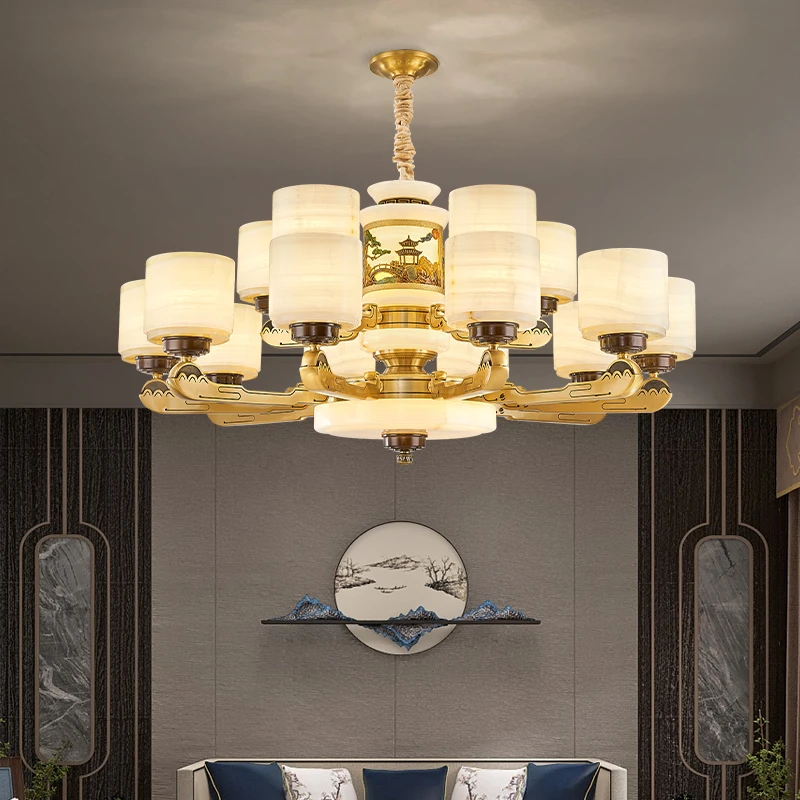 新中式翻砂铜加粗玉石客厅吊灯2024年新款别墅自建房餐厅卧室灯