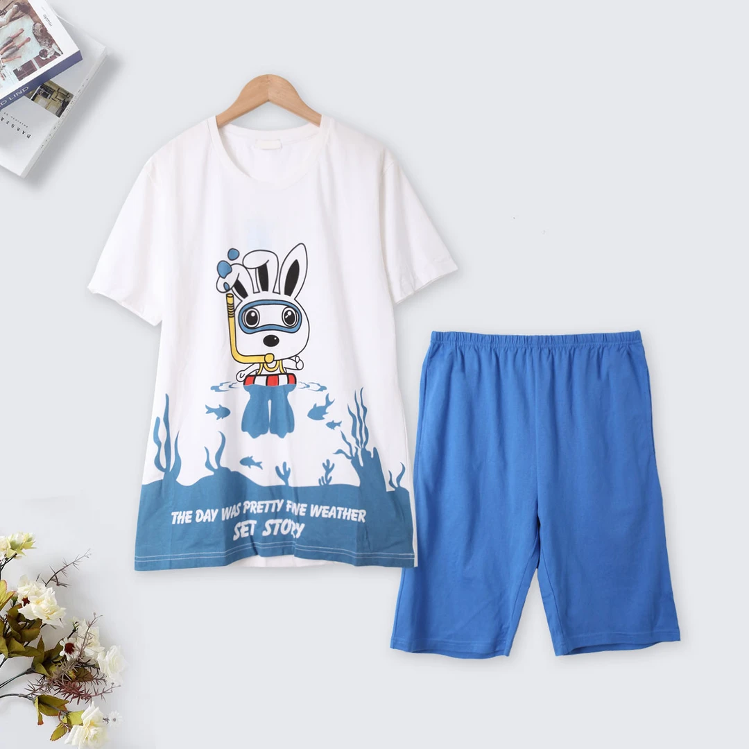 BB881 睡衣睡裤男士家居服套装纯棉印花圆领短袖短裤 柔软透气