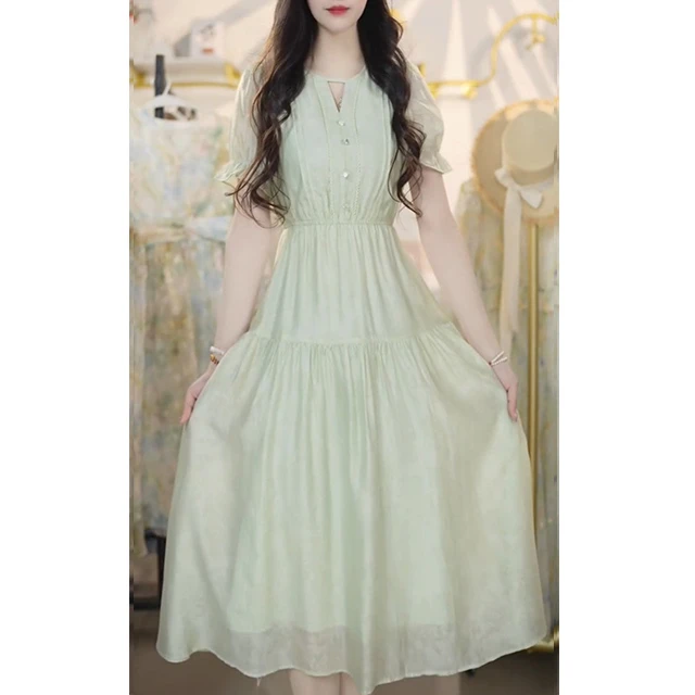 L561超仙短袖V领连衣裙女夏新款2025气质茶歇仙女裙收腰显瘦A字裙