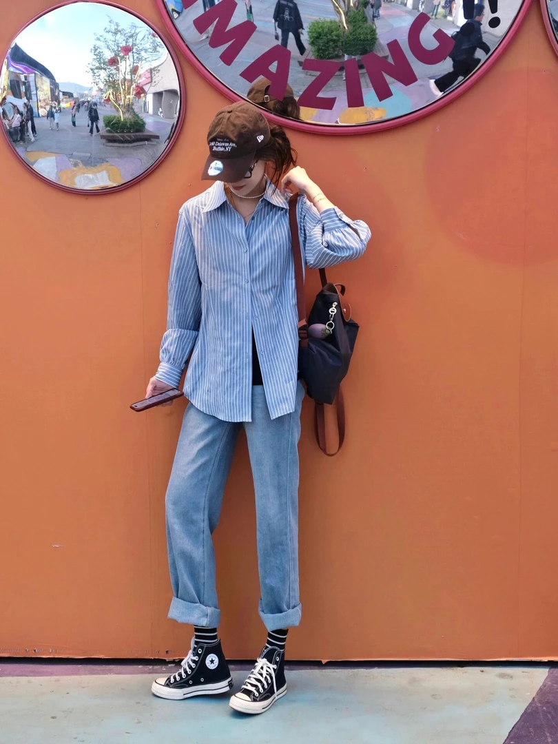 【都市街头】秋季时尚条纹衬衫气质长袖轻职风高腰浅蓝色牛仔裤套装