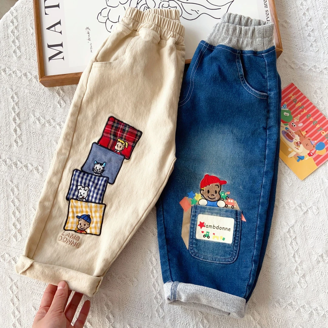 儿童裤子童装男童小童春秋休闲裤春款宝宝春季加绒印花卡通牛仔裤