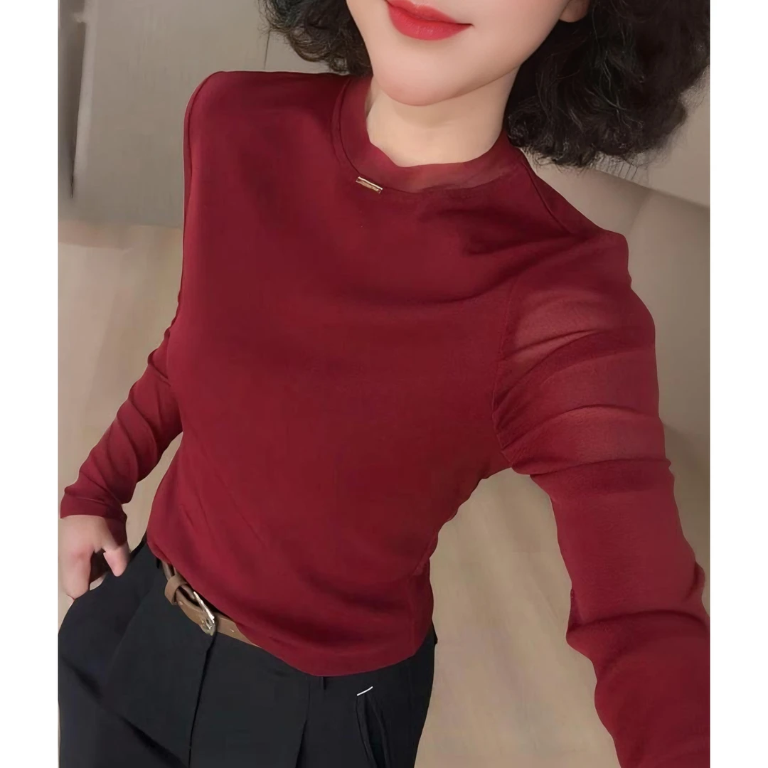 2025早秋新款时尚百搭显瘦高弹力网纱长袖洋气红色修身小衫上衣女