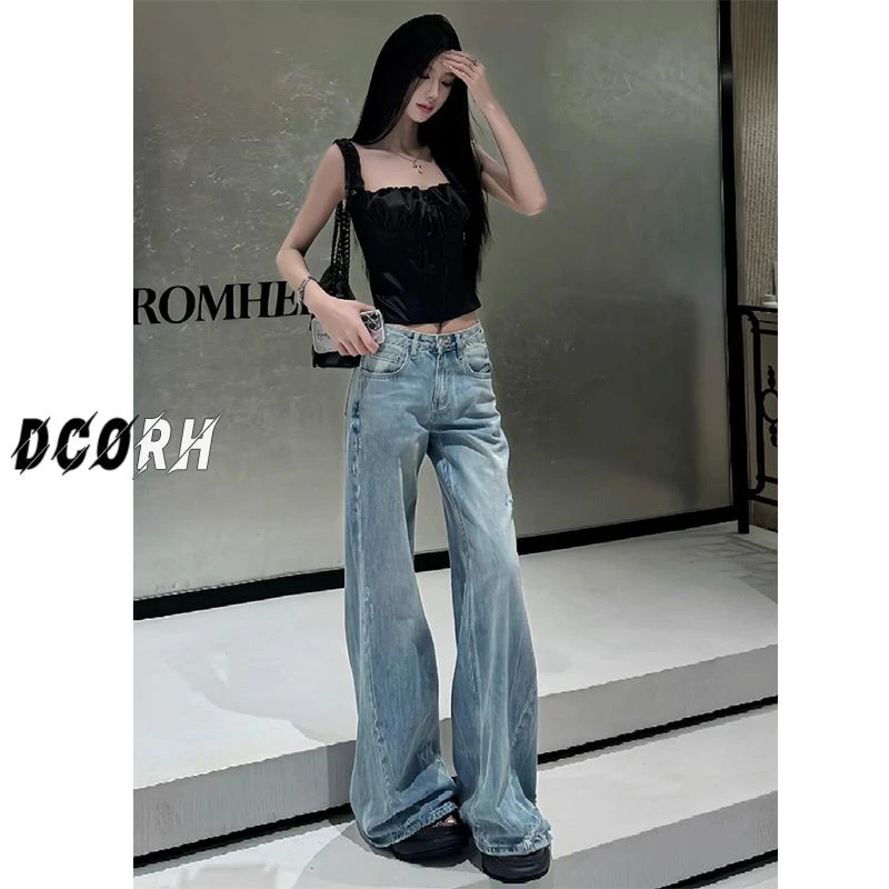 牛仔裤女复古做旧水洗辣妹高腰修身休闲百搭慵懒直筒垂感拖地裤子