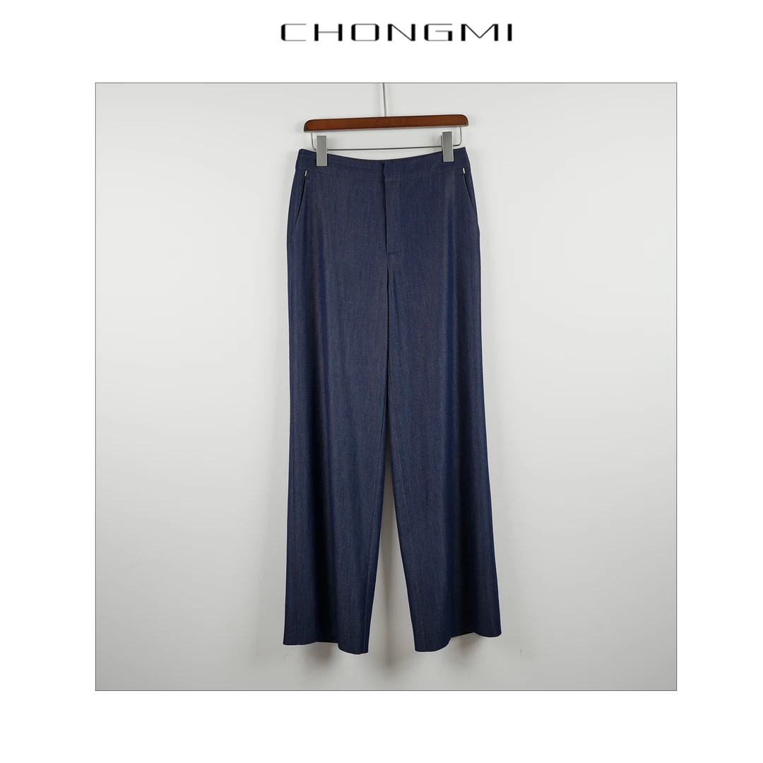 藏青色直筒阔腿中腰休闲裤女2025夏季新款极简风时尚女士裤子W