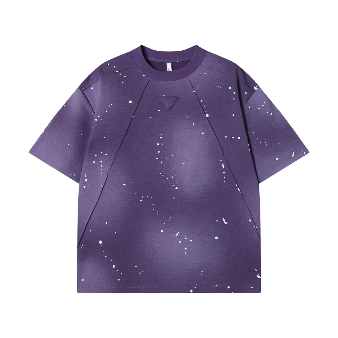 夏季高级感新款韩版扎染晕染泼墨倒三角圆领短袖T恤休闲男士上衣