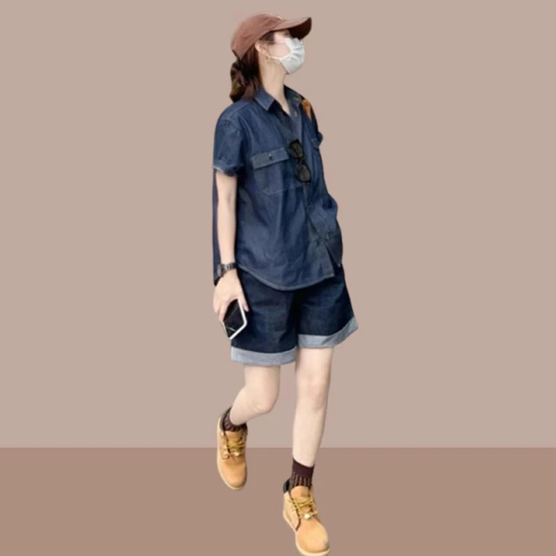 香朵儿设计感百搭牛仔衬衫阔腿短裤女2025夏季新款减龄宽松两件套