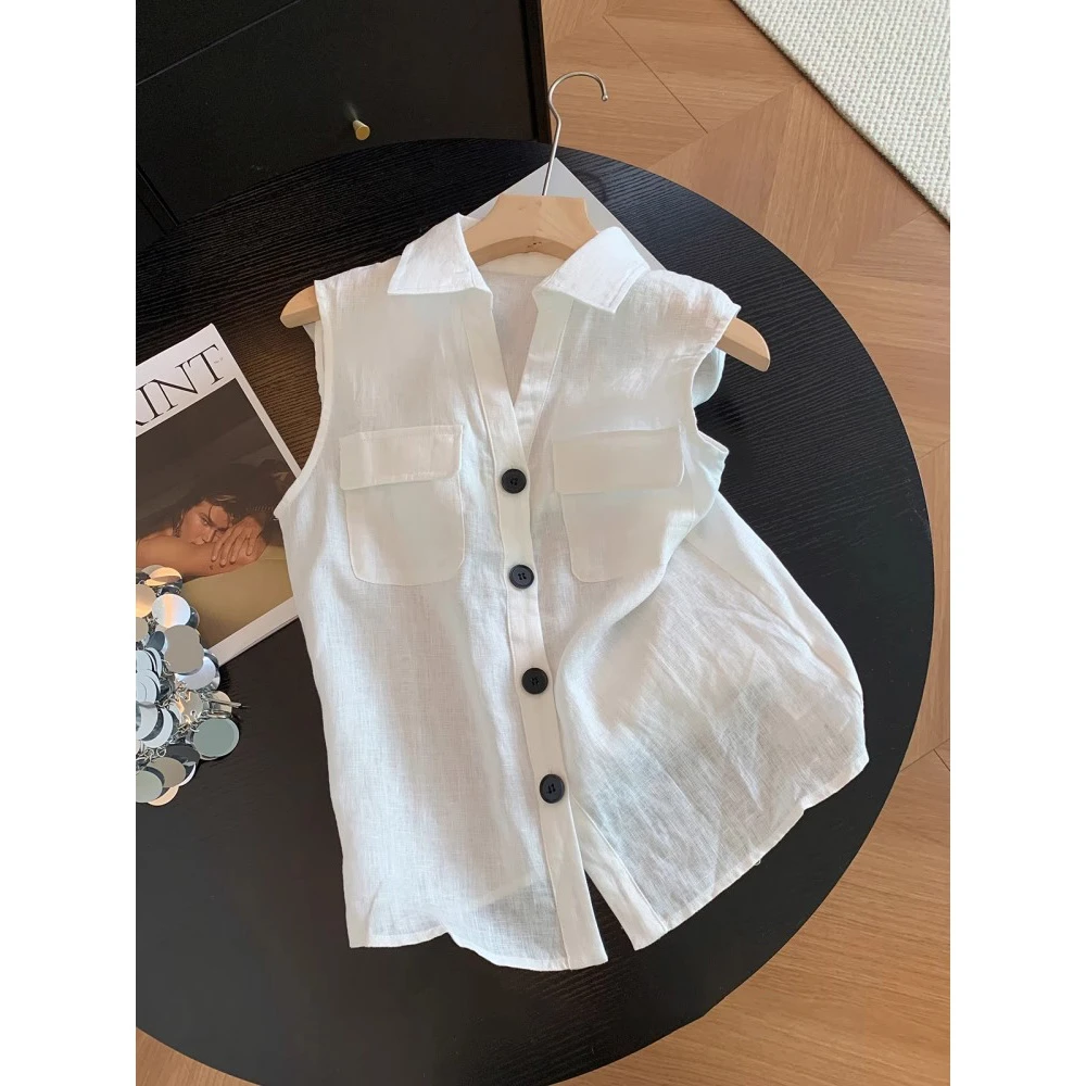 老钱风白色无袖衬衫马甲女夏季轻薄高级感时尚休闲洋气百搭上衣