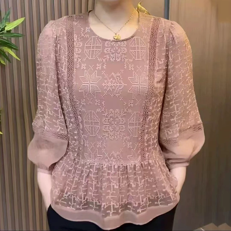 妈妈装洋气衬衫女夏季新款2025休闲时尚宽松遮肚子七分袖圆领上衣