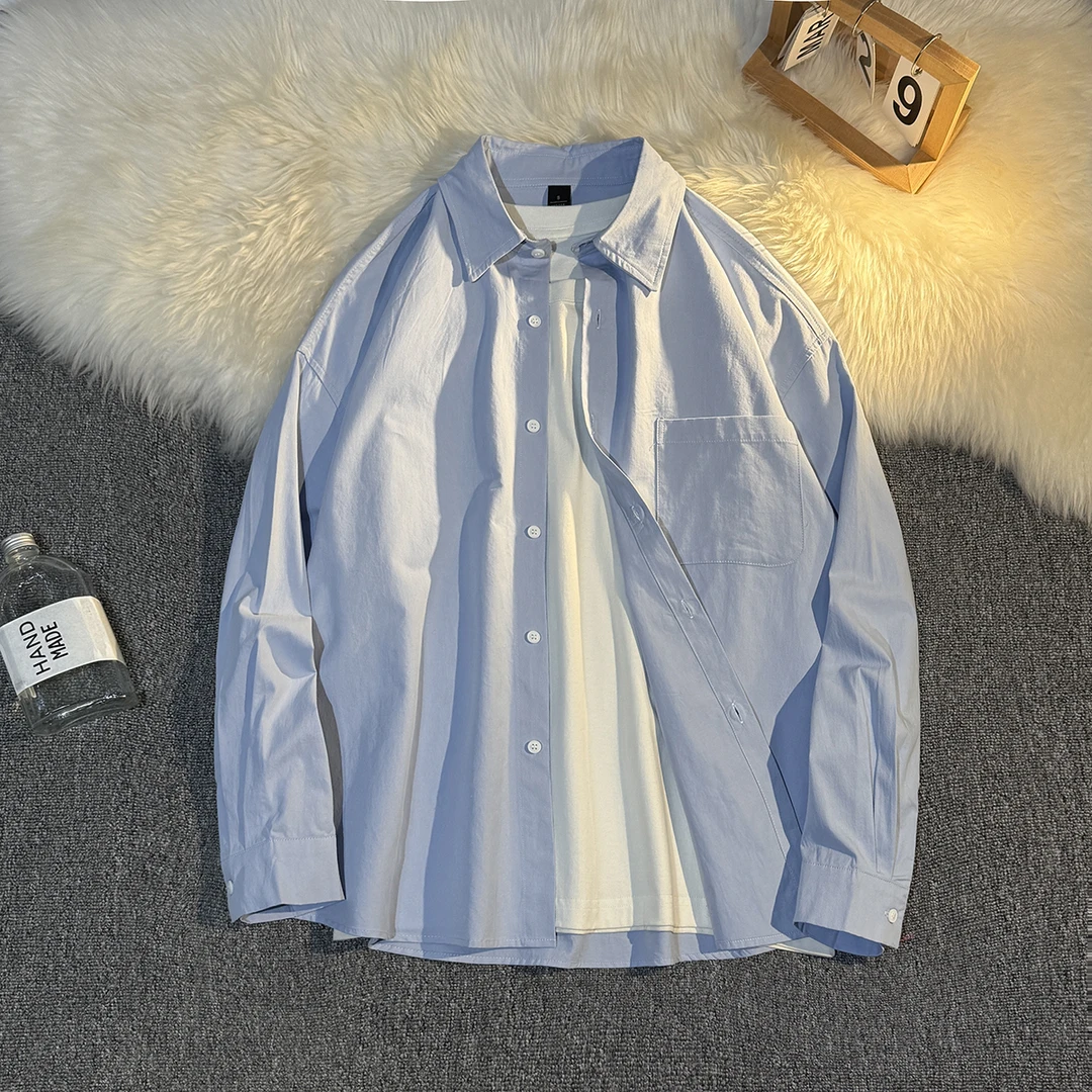 映玙清新复古春夏纯棉薄款纯色长袖衬衫男女宽松衬衣外套休闲百搭