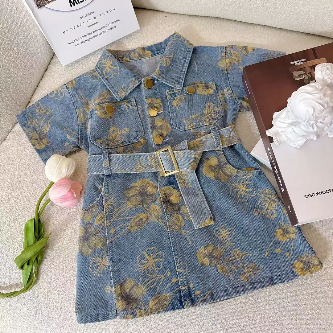 女童时髦短袖牛仔裙2025夏季新款韩版儿童翻领收腰背心连衣裙宝宝