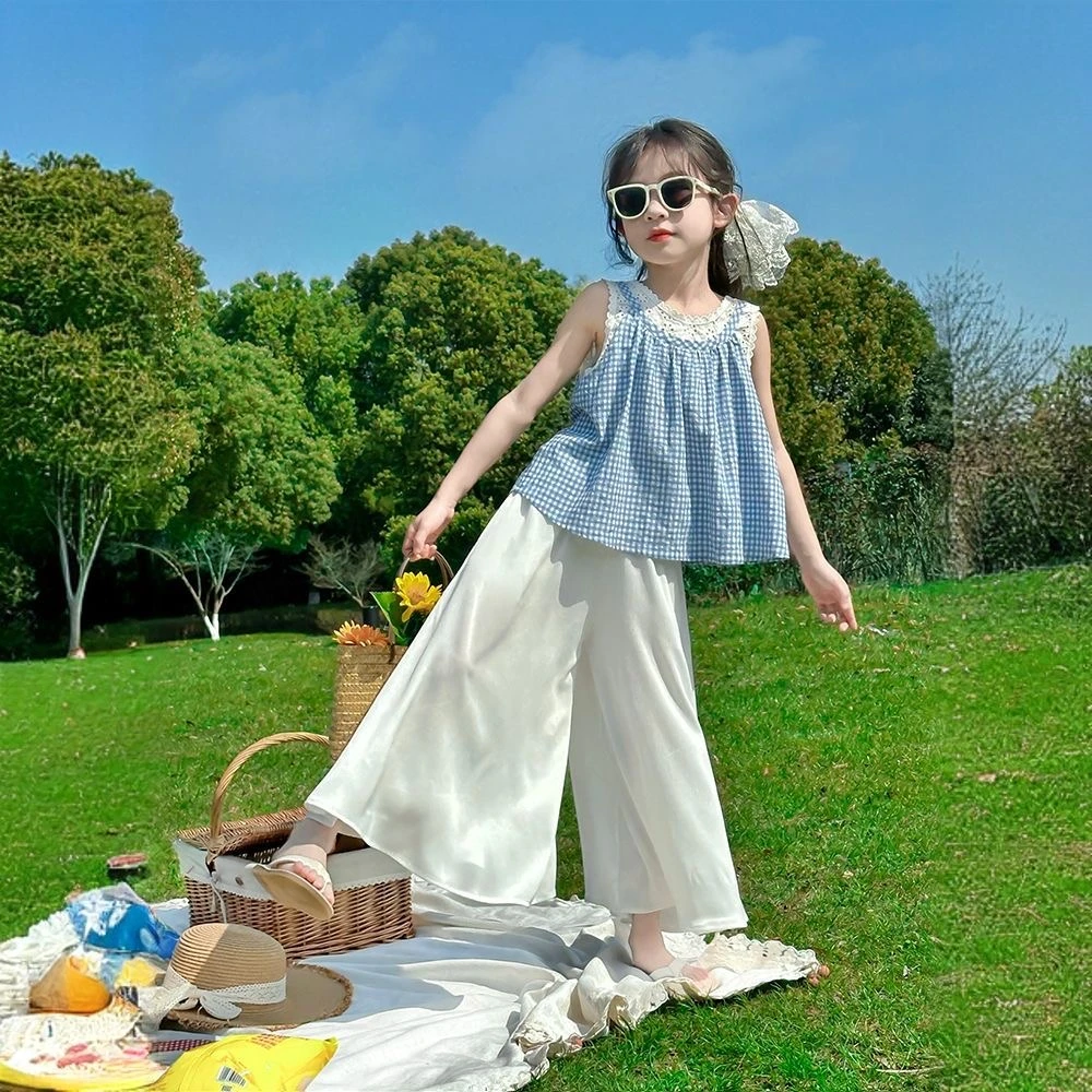 公主风女童短袖T恤2025夏季新款蕾丝假两件无袖儿童格子上衣套装