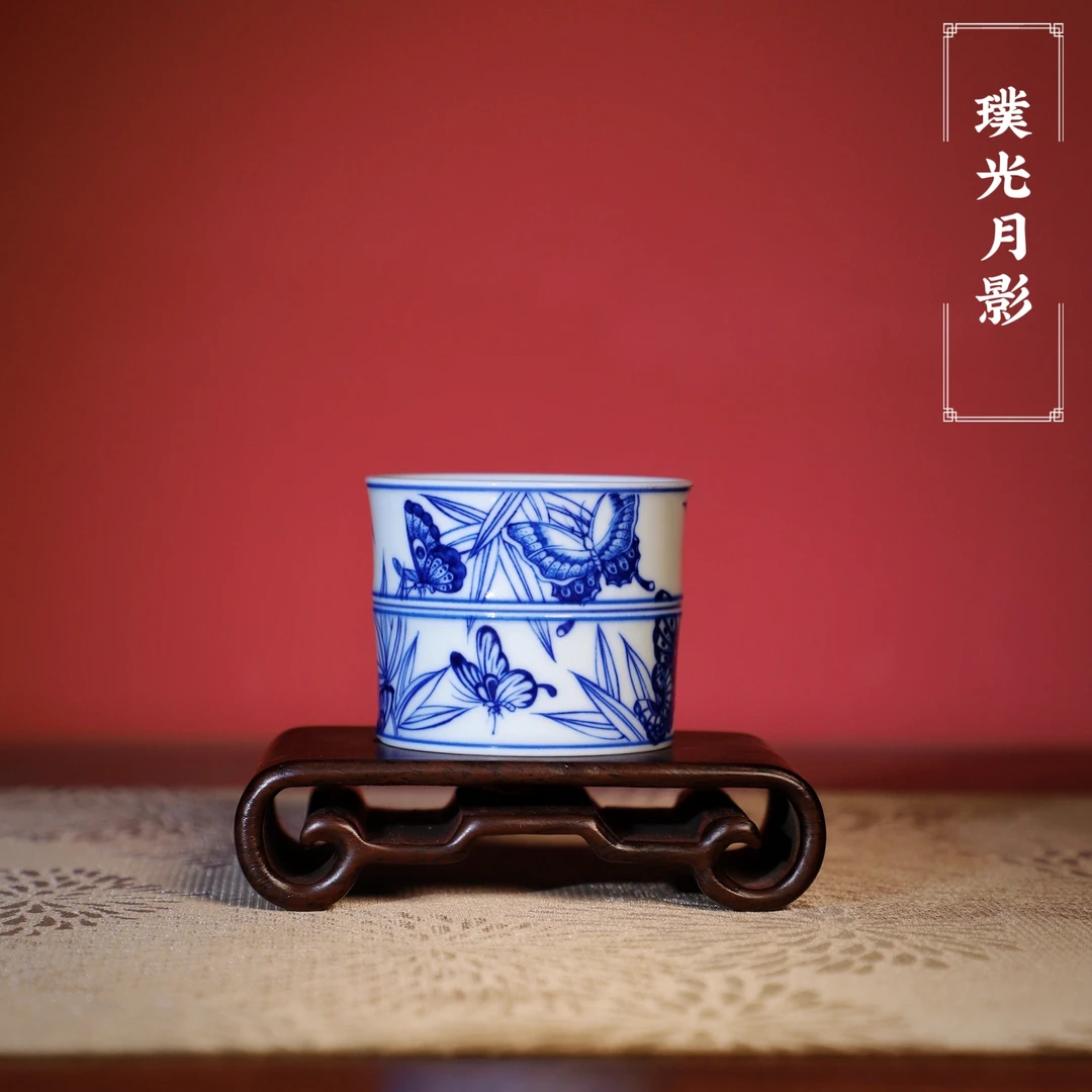 璞光月影青花竹蝶纹竹节杯景德镇高端手工手绘品茗茶杯礼品瓷60ml