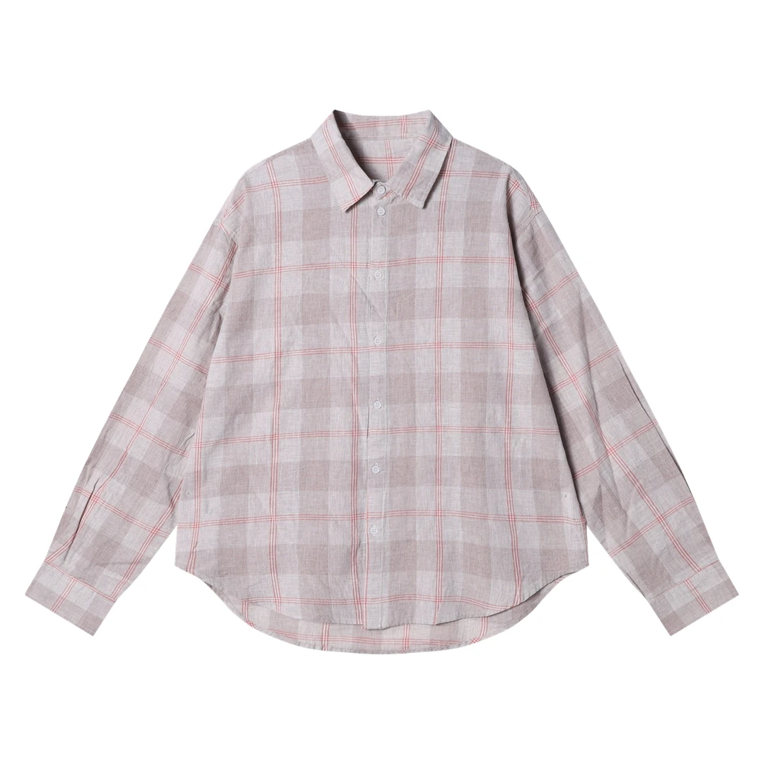 夏季高级感新款韩系高级感格子长袖衬衫男宽松百搭通勤简约衬衣