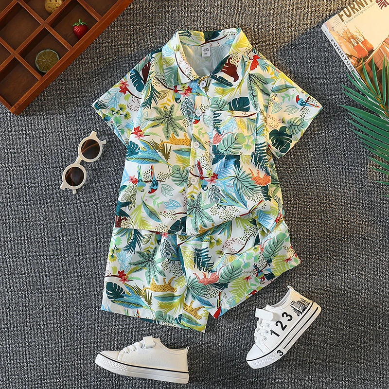 旅游宝宝花儿童岛服夏季衬衫沙滩男童新款度假夏威夷套装2025短袖