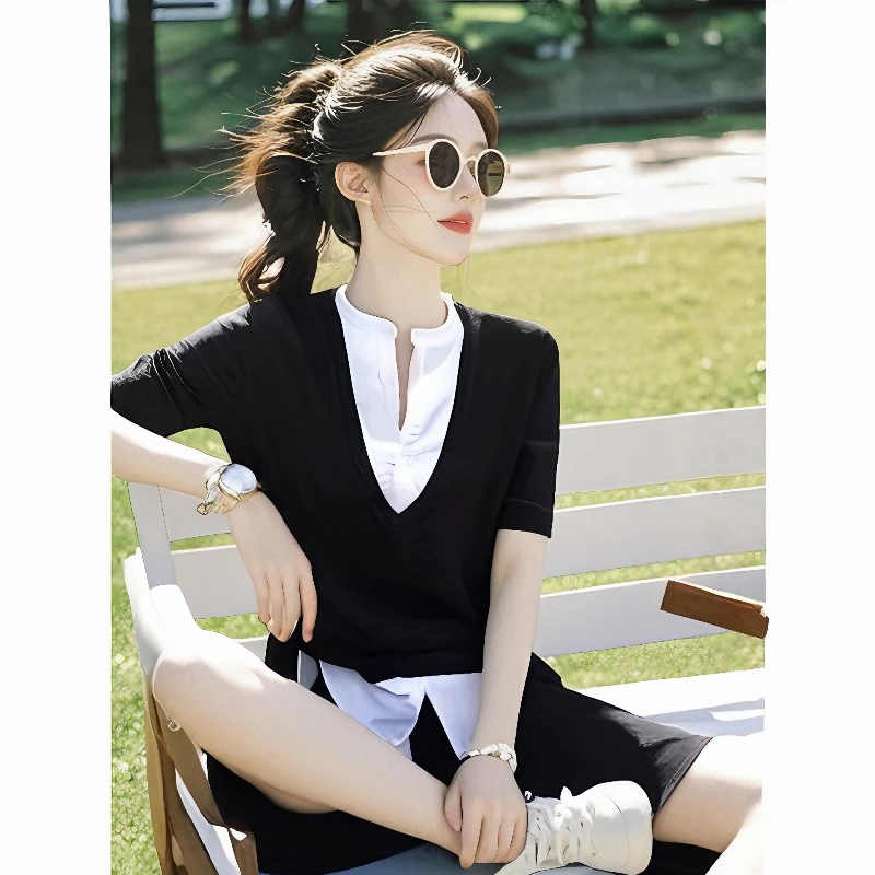 今年流行短款设计感小众短袖t恤女士夏季新款洋气网红假两件上衣