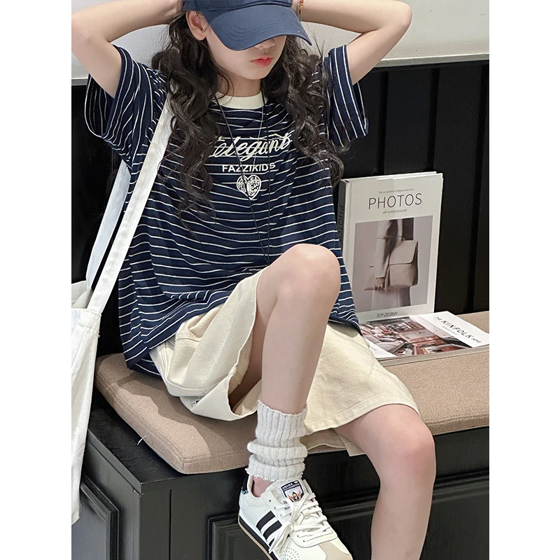 K28520韩系女童短袖T恤2025新款夏装儿童条纹上衣女大童衣服时髦t