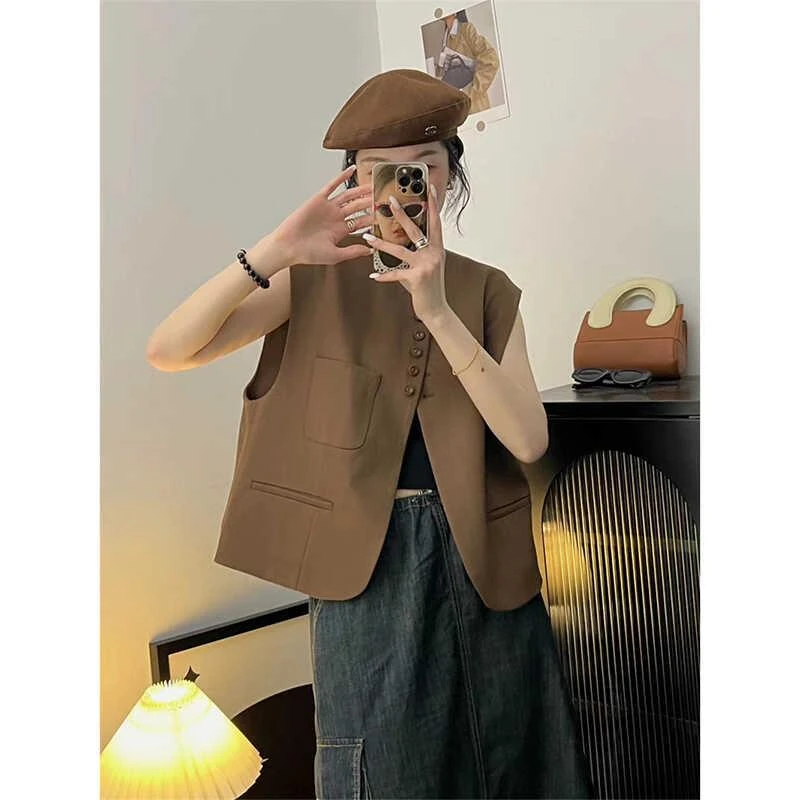 欧货无袖西装马甲上衣女2025春季chic韩版宽松单排扣休闲短款外套