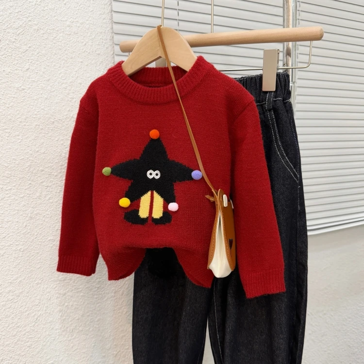 儿童红色毛衣2025新款秋冬季男女孩卡通圆领套头上衣