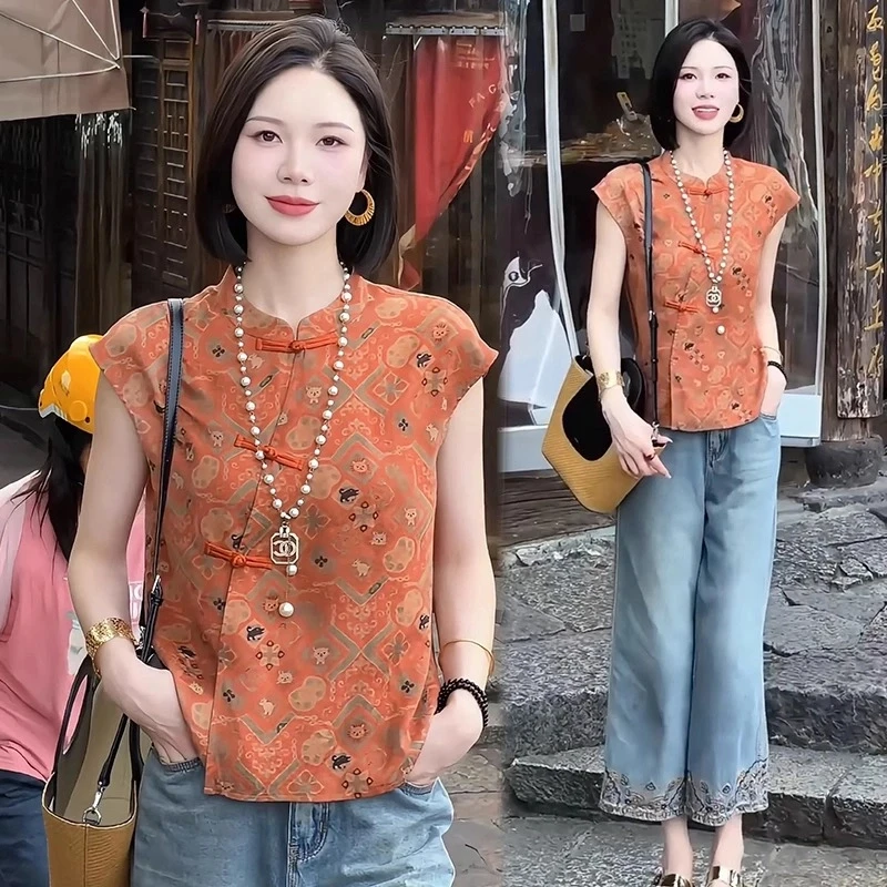 时尚国风衬衫女2025夏款洋气新中式立领印花上衣显瘦气质百搭衬衣