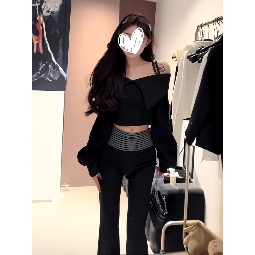 法式气质黑色蕾丝一字肩吊带上衣女春季高级感修身休闲微喇裤套装
