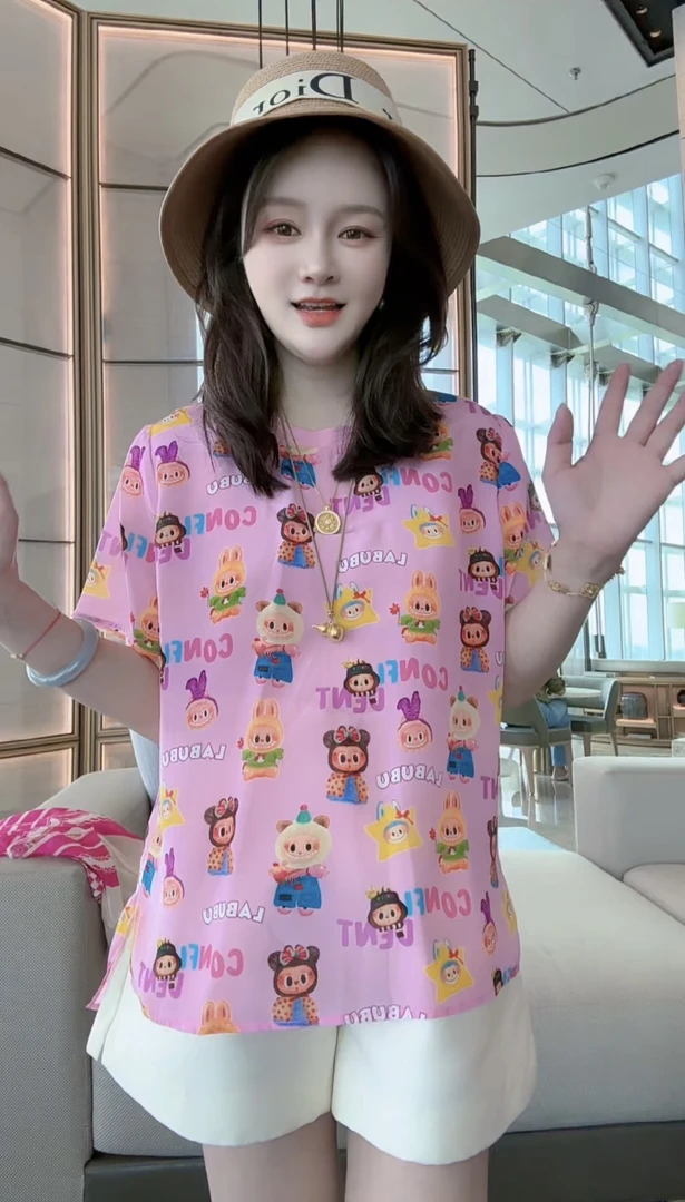 【丝芙玉禄】（A010）真丝双绉创意粉系公仔时尚显瘦桑蚕丝t恤上衣