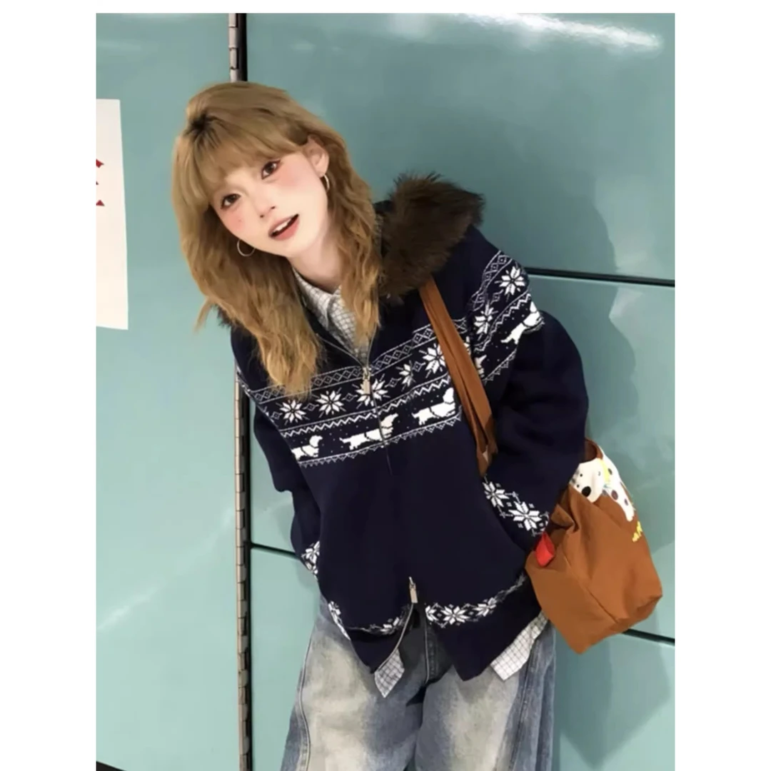 慵懒风费尔岛毛领连帽毛衣外套男女秋冬情侣装设计感宽松针织开衫