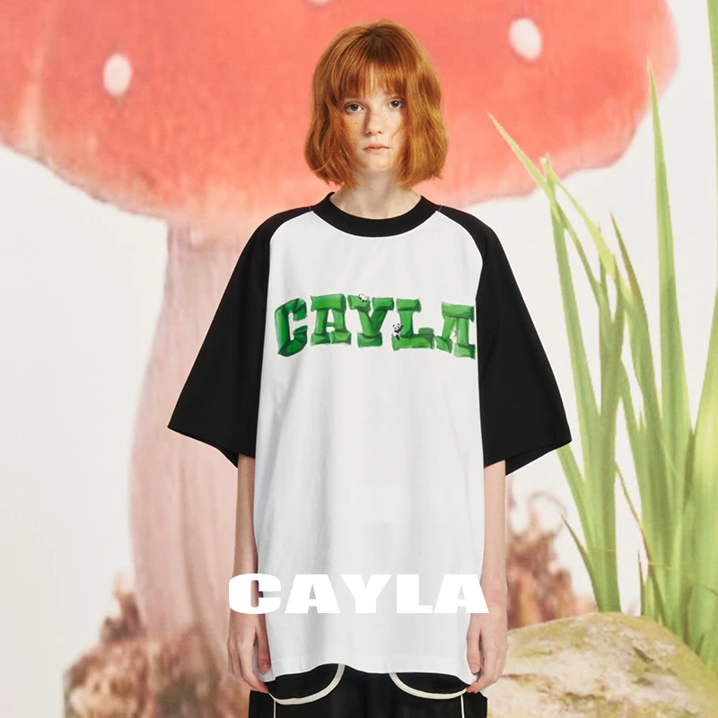 CAYLA24LM熊猫竹抱平安原创可爱插肩袖拼接设计宽松短袖T恤008