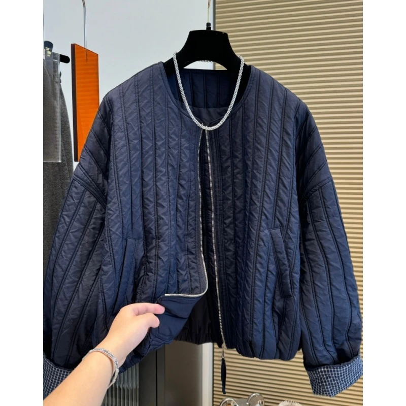 设计感小众圆领拉链竖条纹棉衣女2025年早秋新款落肩宽松棉服外套