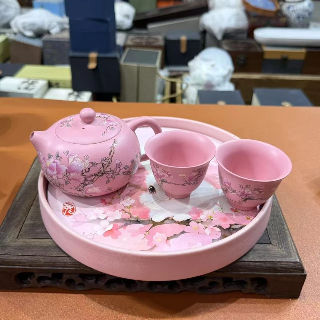 叶老师粉紫砂玉兰西施茶壶加俩杯加茶盘套组 LL075