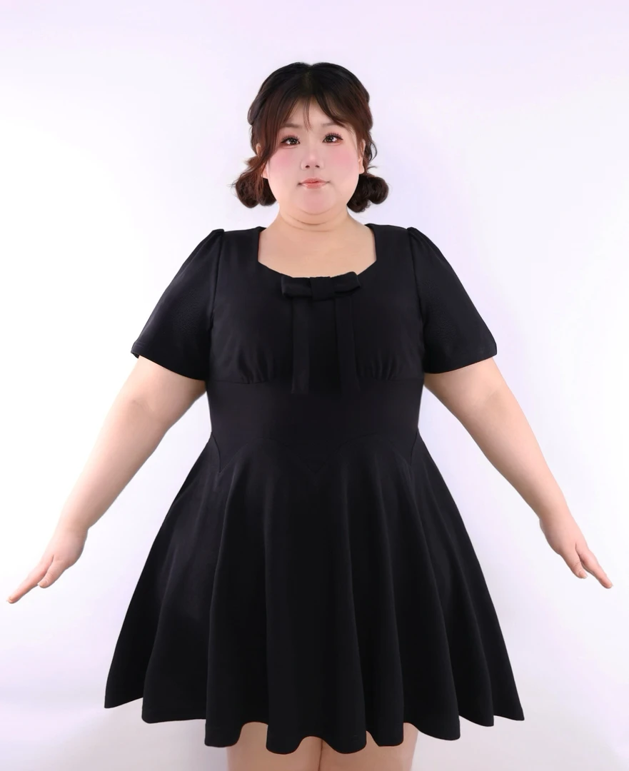 【莓果泡芙】方领连衣裙夏季带兜小黑裙夏季修身黑色大码显瘦裙子