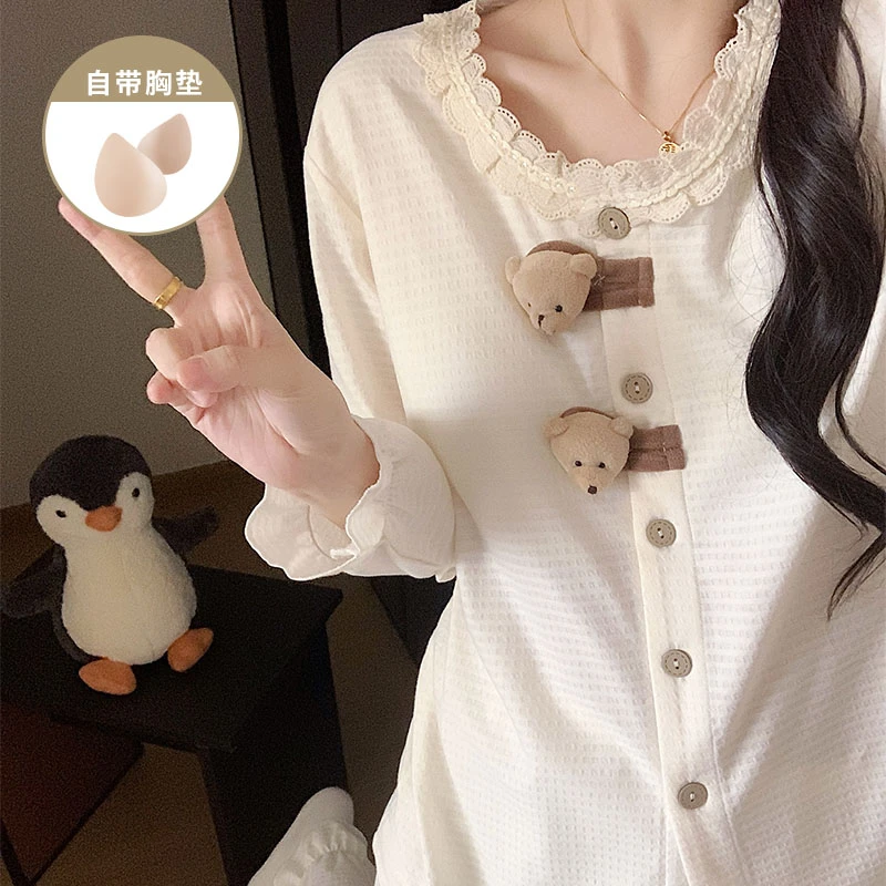 带胸垫甜美公主风小熊纽扣睡衣女款春秋季长袖长裤女士家居服套装