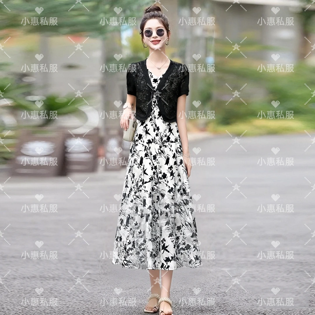 2025夏季新款时尚韩版针织披肩上衣+吊带印花裙两件套装裙