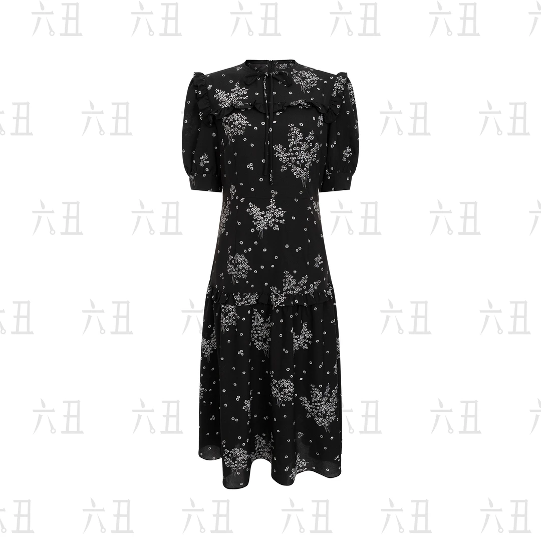 【六丑】新款夏季时尚气质黑白小碎花印花荷叶边连衣裙505LYQ0951