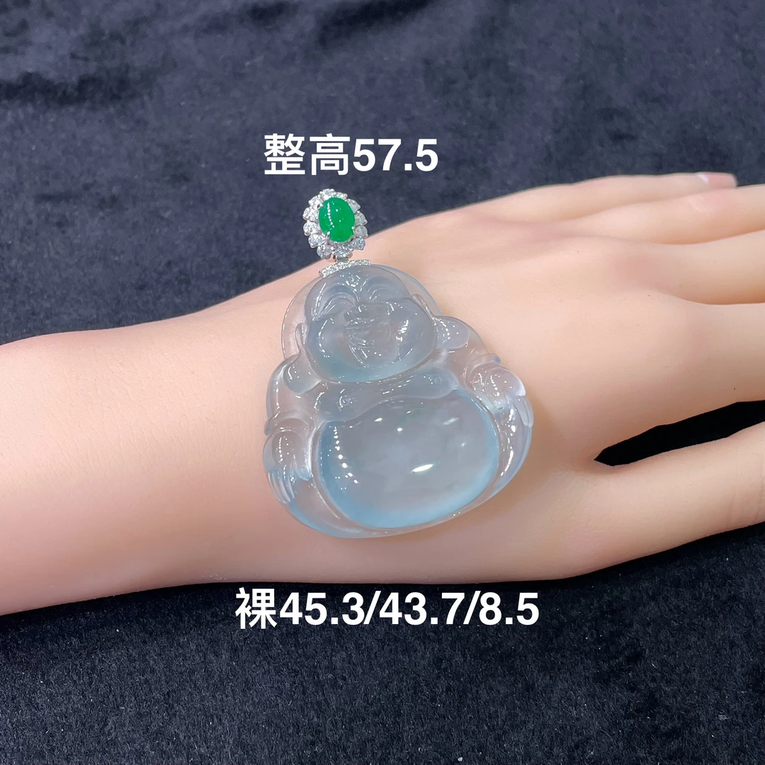 天然缅A翡翠冰胶蓝底佛公挂件吊坠18k金镶嵌