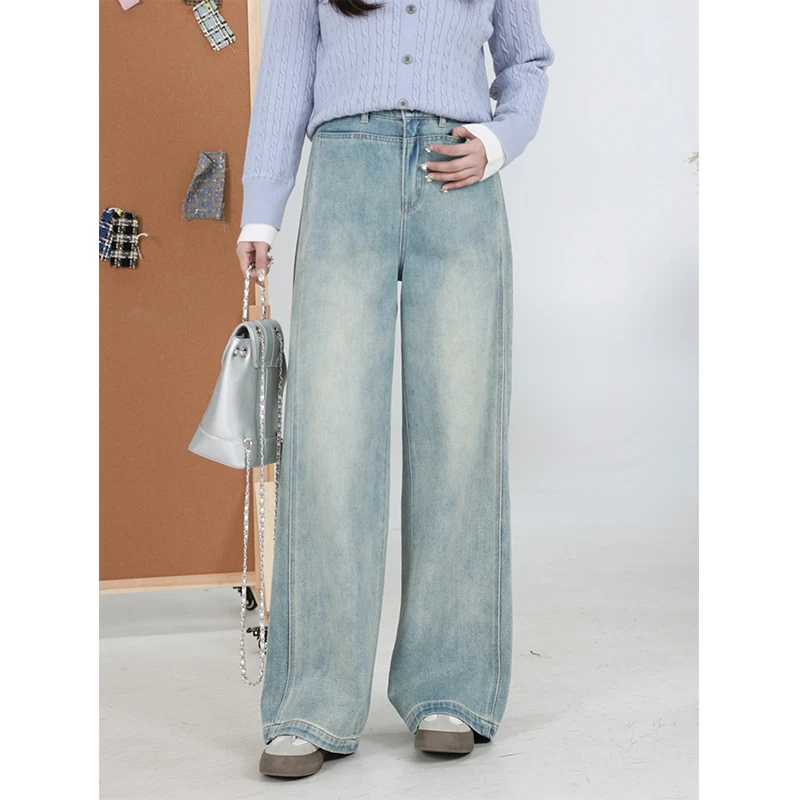 【高街牛仔】微胖大码春季女阔腿直筒高腰牛仔裤410D129