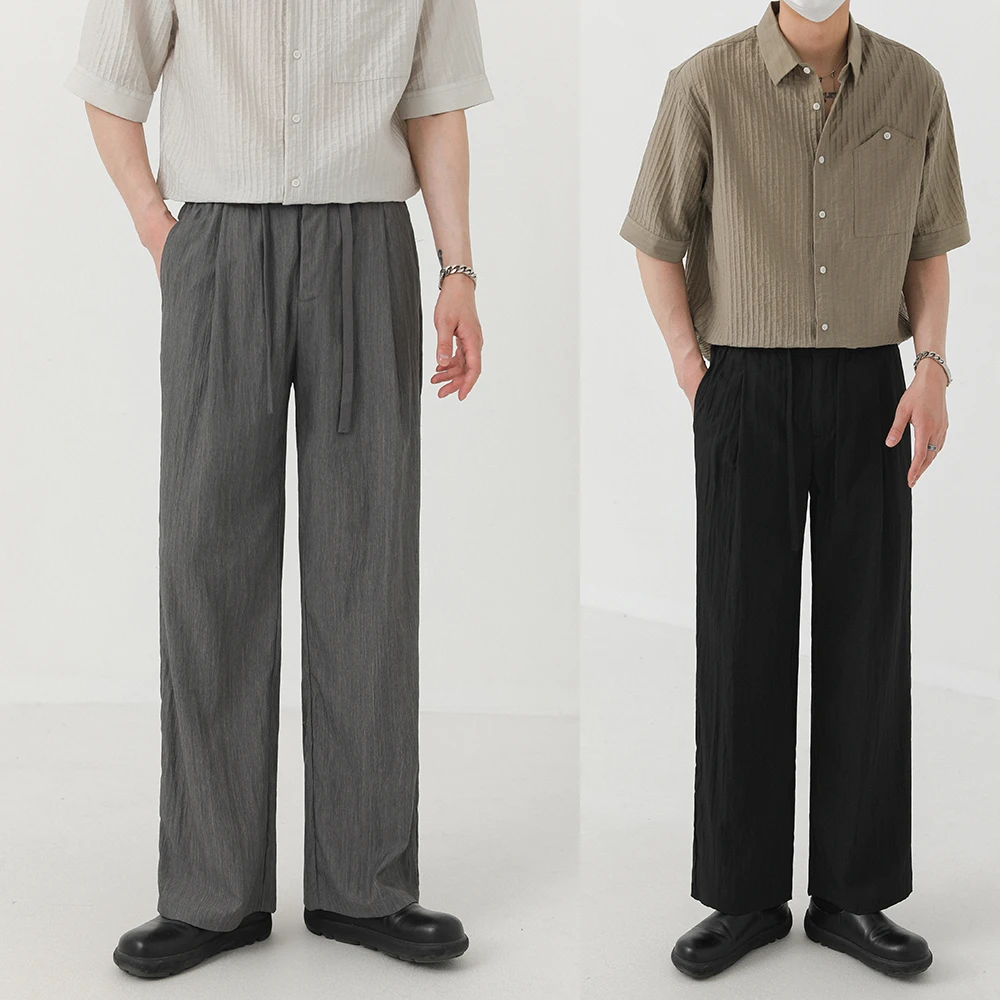 卓卓夏季韩系高级皱感纯色休闲裤 男宽松直筒裤潮流INS百搭长裤子